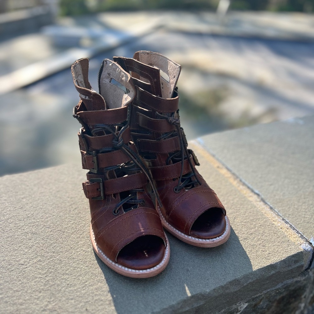 Brown strappy boots; boho style; Freebird. Never been worn.